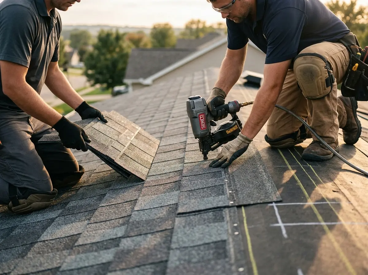 Professional roofer working on a residential roof in Port Lavaca